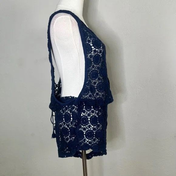Victorias Secret Navy Blue Crochet Lace Romper Swim Cover Up Large Tassels - Picture 5 of 6